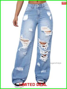 High Waisted Wide Leg Ripped Distressed Jeans Polyester Elastane